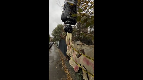 Wrapped in Bin Bag Man Hanging from a Tree in London Chelsea