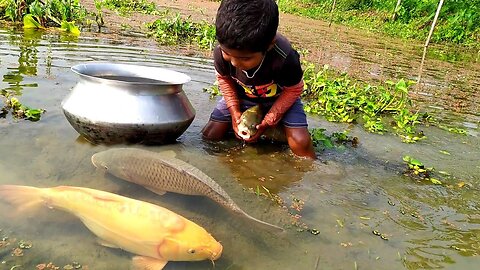 Amazing Hand Fishing / Traditional boy big Fishing by hand in the pond