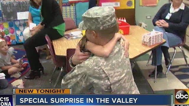 Soldier surprises daughter, comes home for holiday week