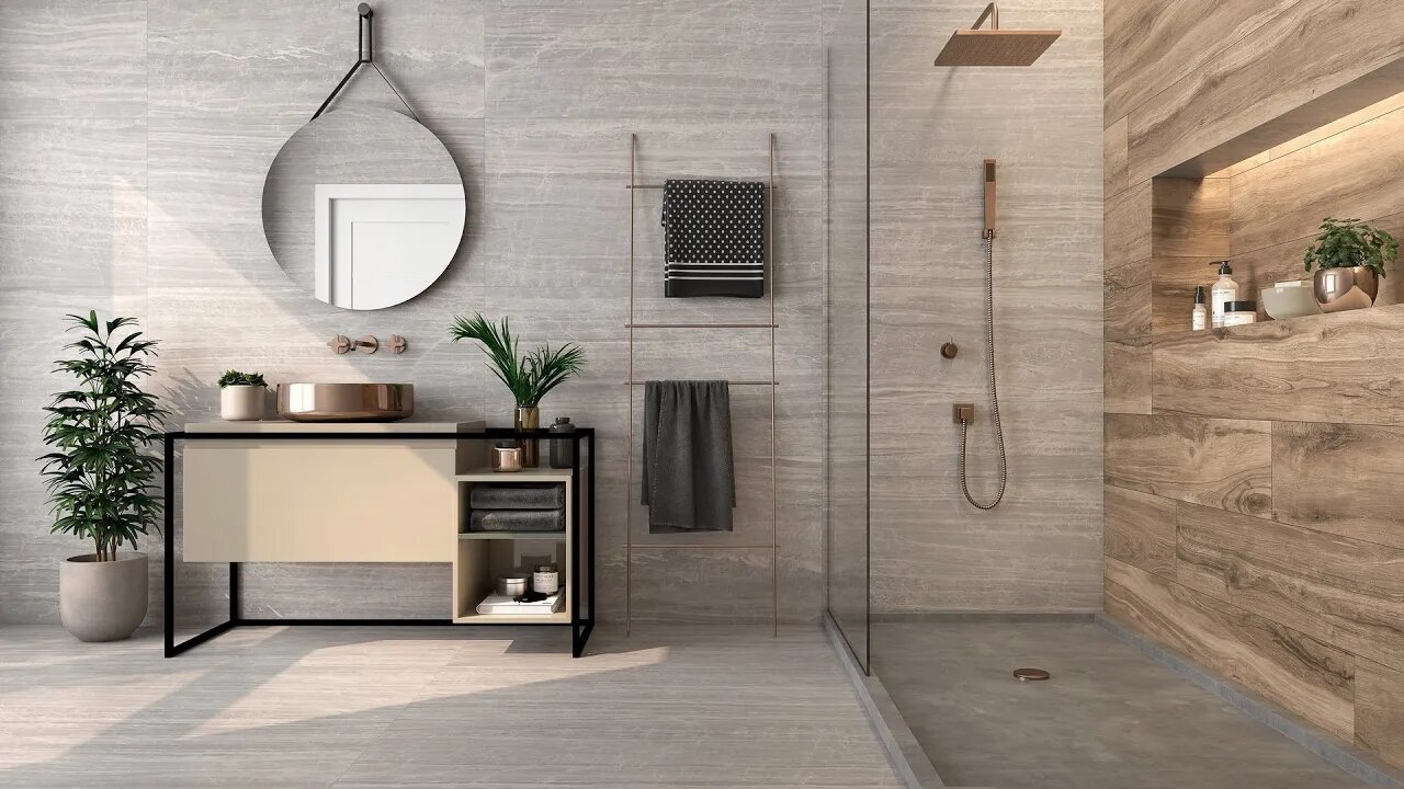 Beige tiles in the bathroom