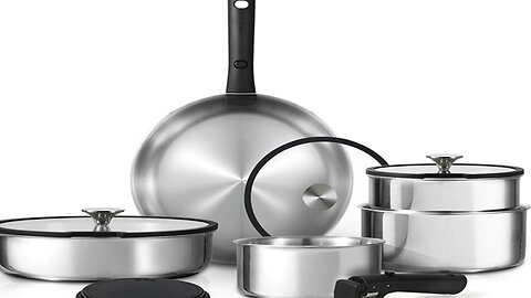 CAROTE 12pcs Pots and Pans Set, Glossy Stainless Steel Cookware Set,