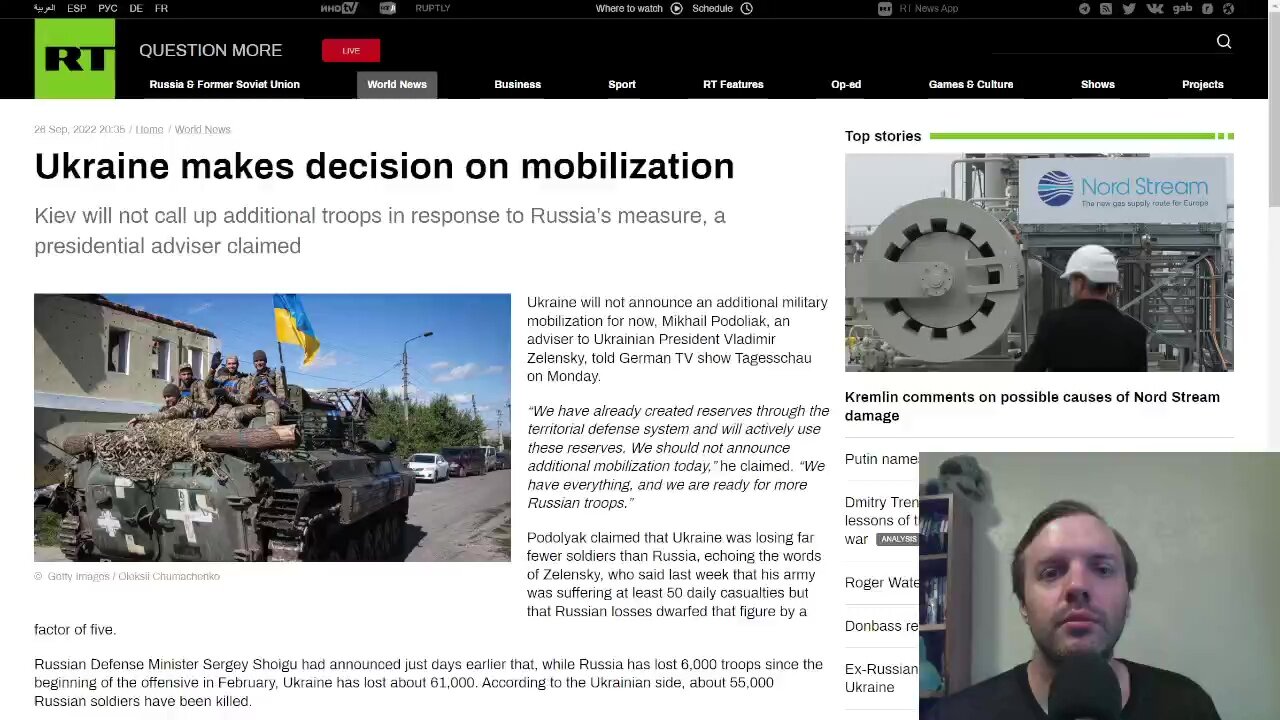 Ukraine not mobilizing any further troops, West holding back on further weapons flow