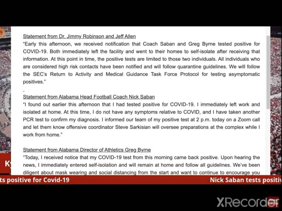 ALABAMA COACH SABAN TEST POSITIVE TO CHINA VIRUS