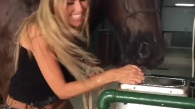 Thirsty Horse And Girl Drink From Water Fountain In Unison