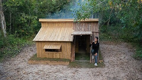 Girl Solo Camping Adventure, Living in Little Bamboo Villa by Her Own Built
