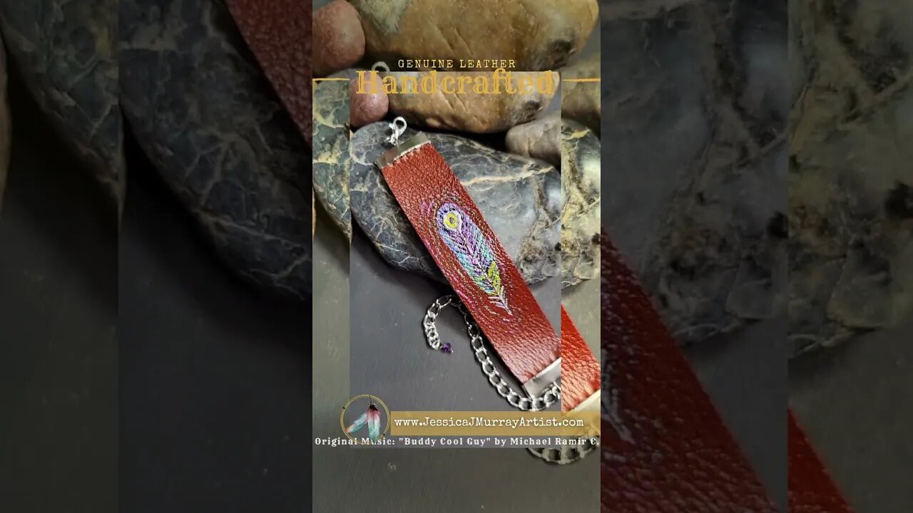 PEACOCK INSPIRED FEATHER, 9 inch adjustable, leather bracelet