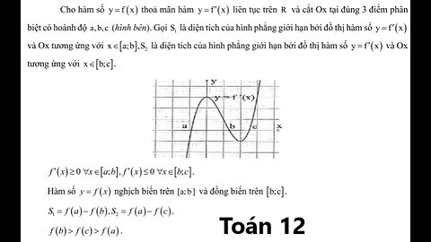 Toán 12: Ứng dụng tích phân vào khảo sát tăng/giảm của f'(x) - Cho hàm số y=f(x) thỏa mãn hàm