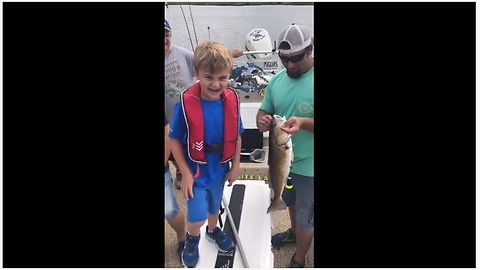 Kid Is Utterly Happy To Catch His First Fish