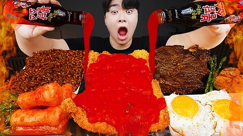 ASMR MUKBANG | Fried Chicken, steak, black bean noodles, kimchi Korean Food recipe ! eating