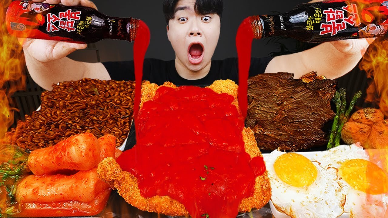 ASMR MUKBANG | Fried Chicken, steak, black bean noodles, kimchi Korean Food recipe ! eating