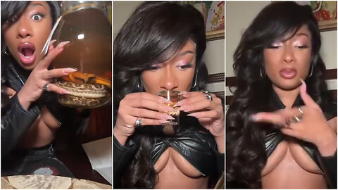 Megan Thee Stallion takes a shot from a glass with a snake in it