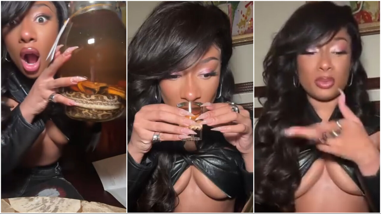 Megan Thee Stallion takes a shot from a glass with a snake in it
