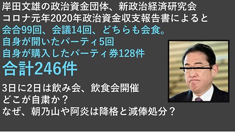 コロナ元年2020年岸田文雄は宴会三昧であることが政治資金収支報告書から判明 恐ろしい病原体がなかったことは明白