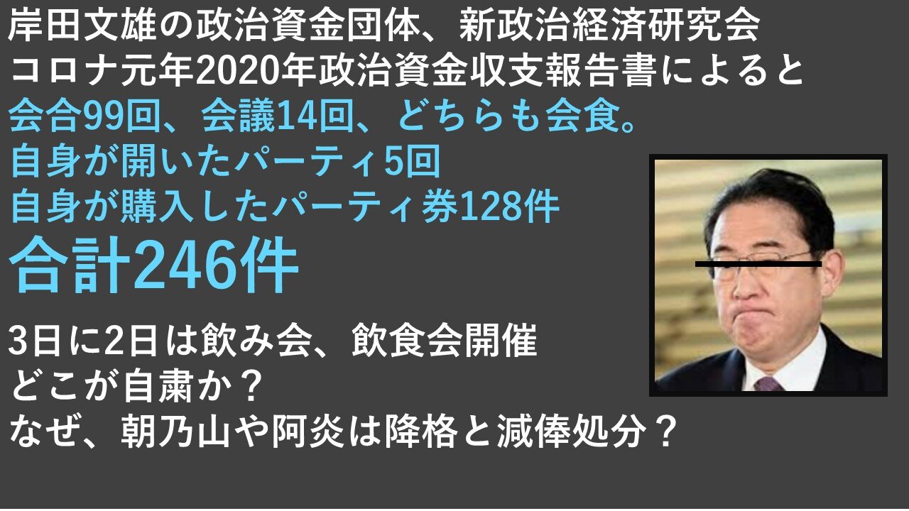 コロナ元年2020年岸田文雄は宴会三昧であることが政治資金収支報告書から判明 恐ろしい病原体がなかったことは明白