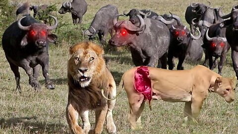 Buffalo Defends Calf from Lion Attack with Deadly Horns