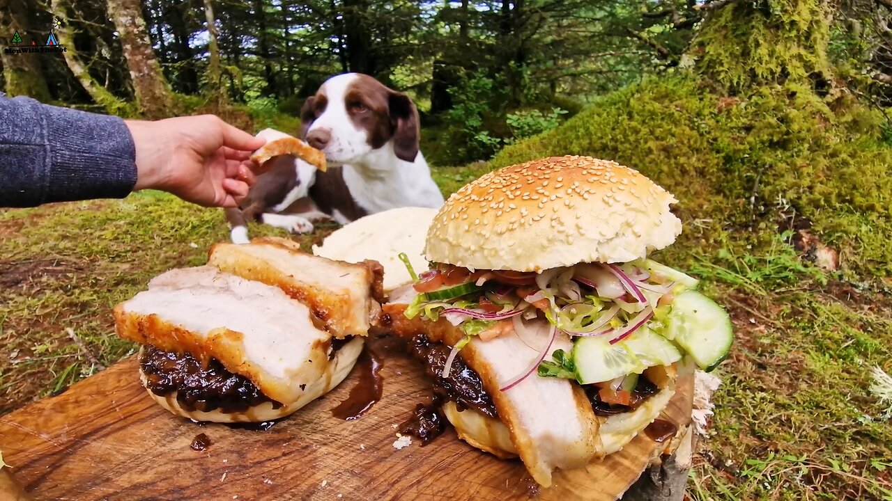 Crispy Pork Belly Burger with caramelized onion cooked over fire ASMR Cooking