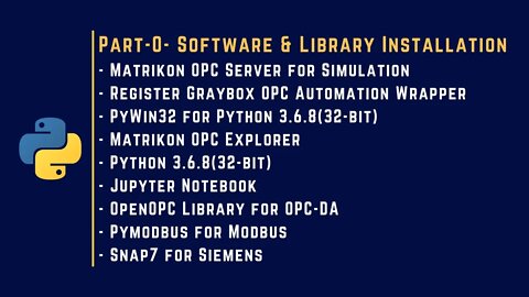 000 | Software Installation | Python 3.6.8 | PyWin32 | Jupyter Notebook | OpenOPC | Pymodbus |