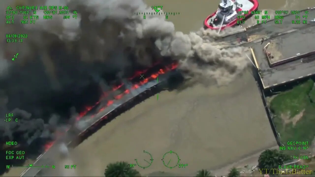 CHP flies over a 4-alarm pier fire burning near the Benicia Bridge