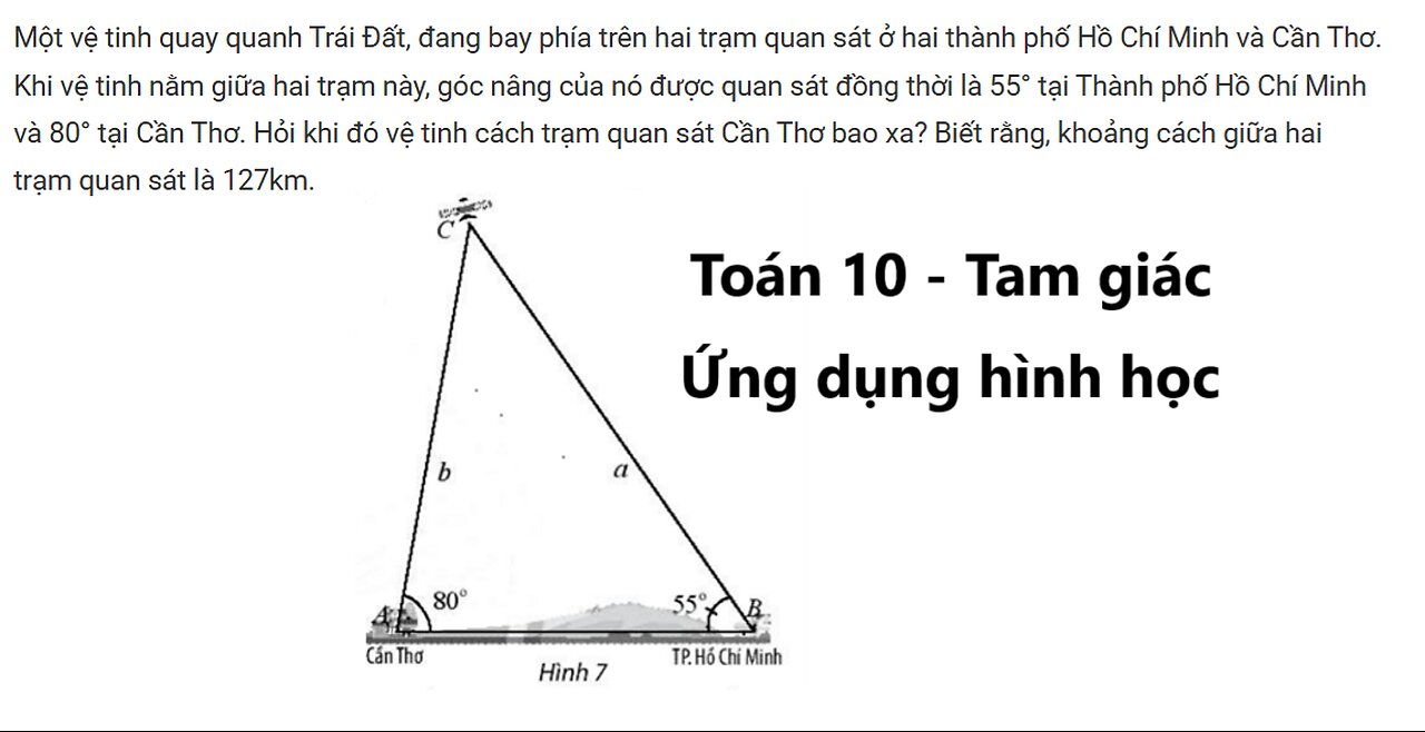 Một vệ tinh quay quanh Trái Đất, đang bay phía trên hai trạm quan sát ở hai thành phố Hồ Chí Minh