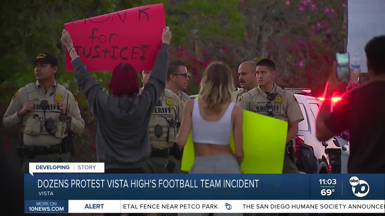 Dozens protest Vista High's football team incident