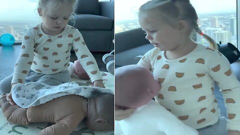 Cute Naomi is taking care of her dolls in the morning. Cute Baby video!