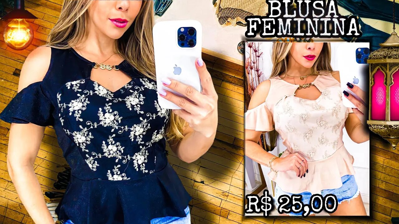 Blusa Feminina peplum/ abertura no ombro/ detalhe bordado no centro/ tecido/ shopee