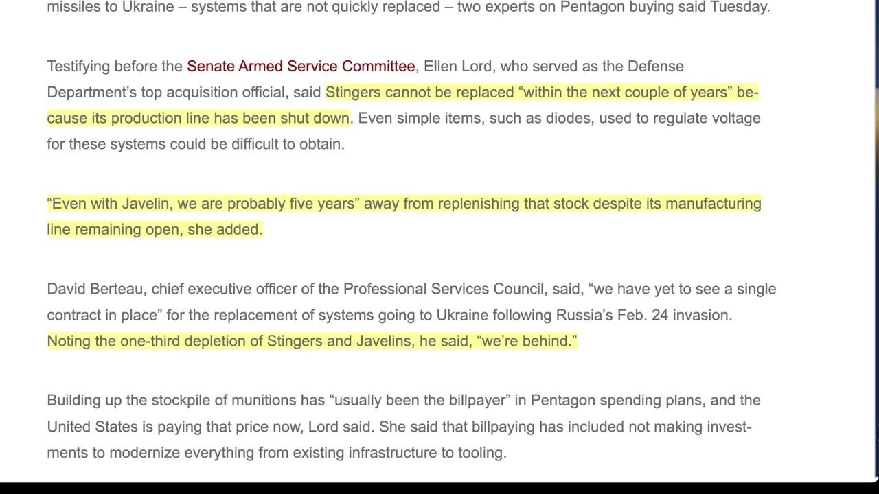 🟨 Stingers 在未來幾年內無法更換，因為它的生產線已經關閉。 即使 Javelin，也可能需要五年時間才能補充該庫存，儘管其生產線仍處於開放狀態。 🟨