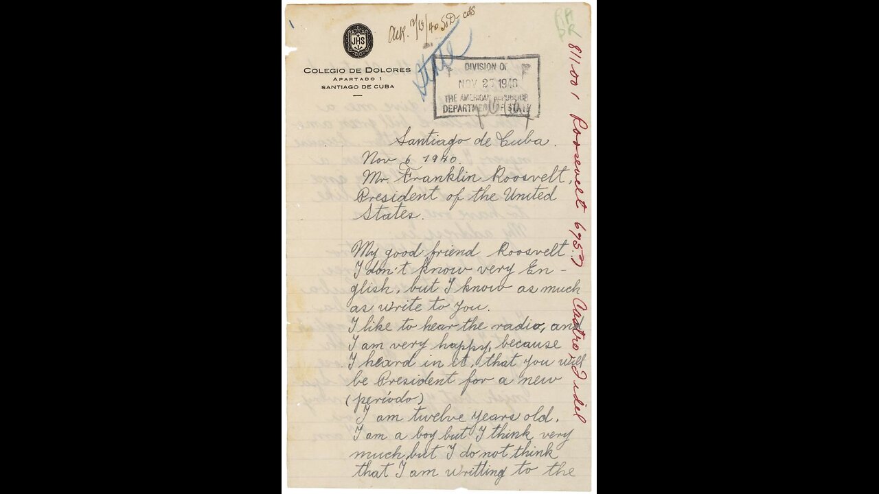 Letter from Fidel Castro to Franklin Roosevelt, 1940.