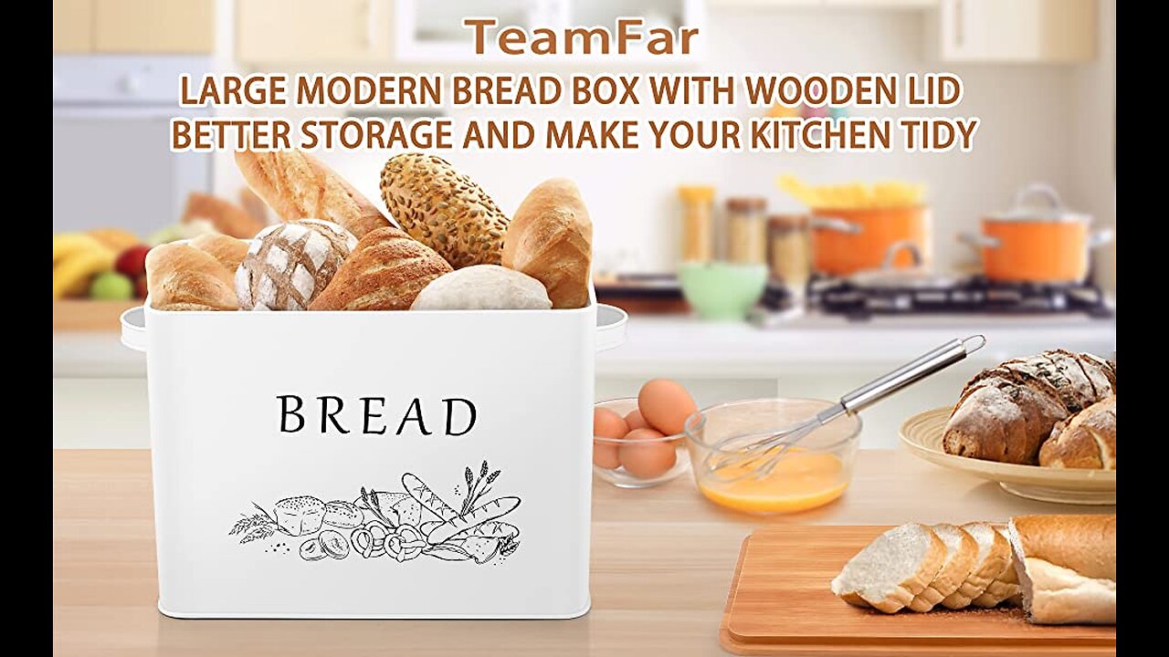 TeamFar Bread Box with Wooden Lid, 13.1” x 7.2” x 9.7” Metal Bread Container Storage Holder for...