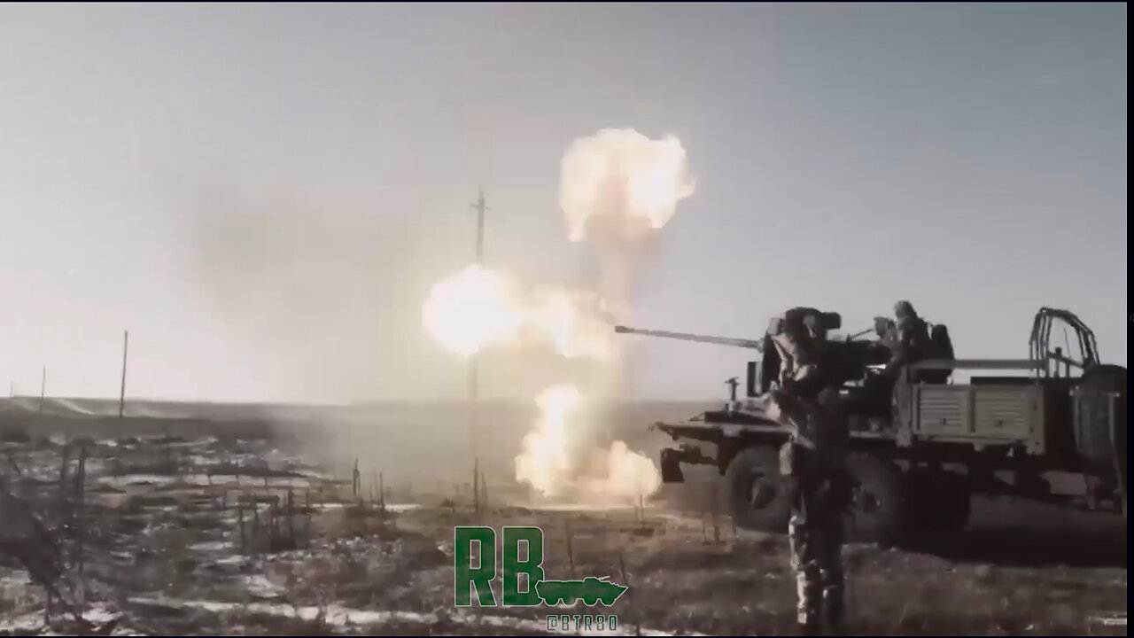 Russian soldiers firing at the enemy from old 57mm AZP S-60 Anti-aircraft gun