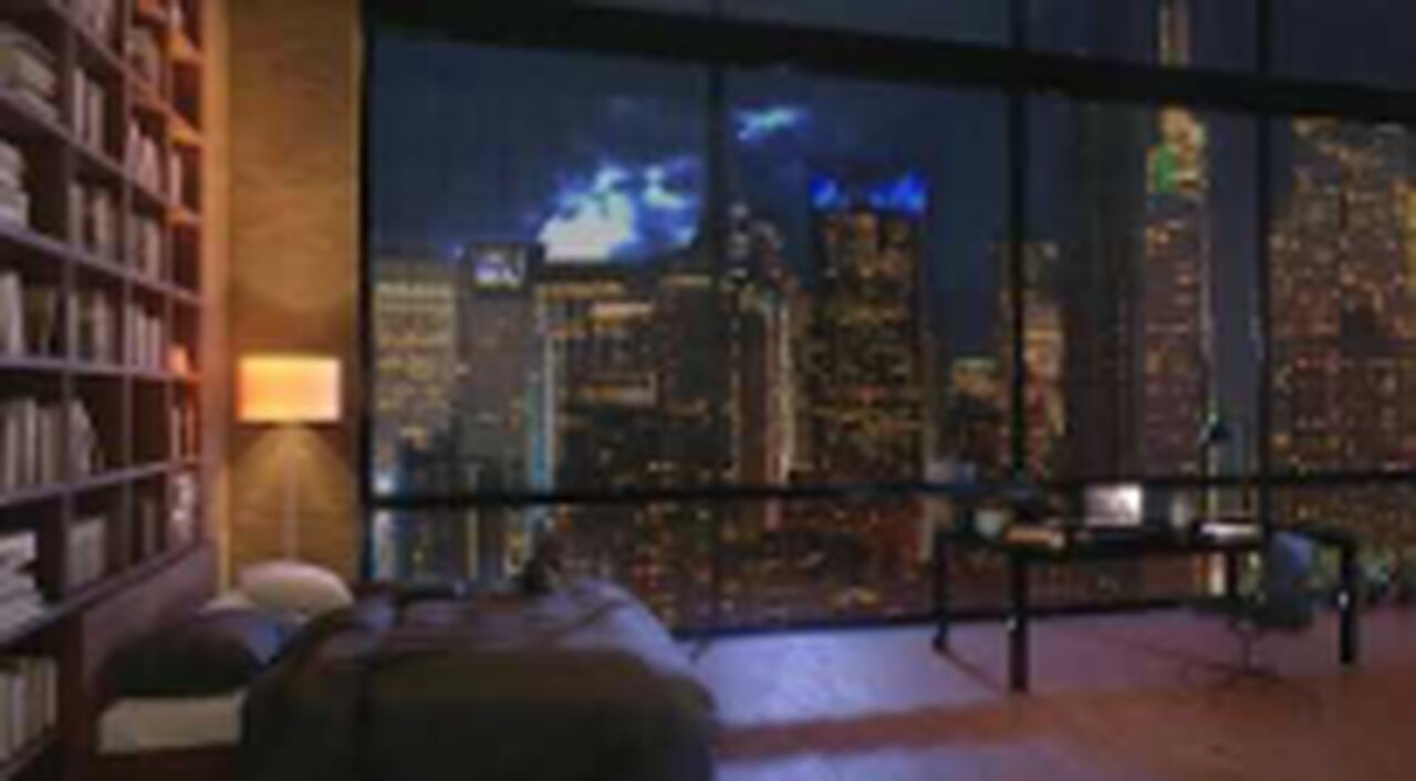 Luxury NYC Apartment Ambience - Manhattan Night View - Rain on Window Sounds For Sleeping