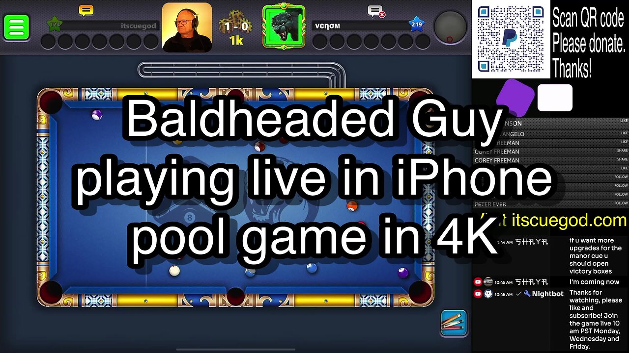 Baldheaded Guy playing live in iPhone pool game in 4K 🎱🎱🎱 8 Ball Pool 🎱🎱🎱