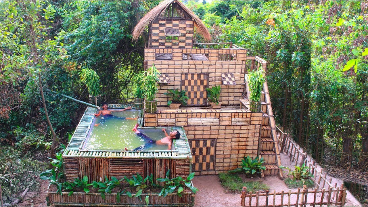 Amazing Build Beautiful Swimming pool & House Villa Using wooden brick