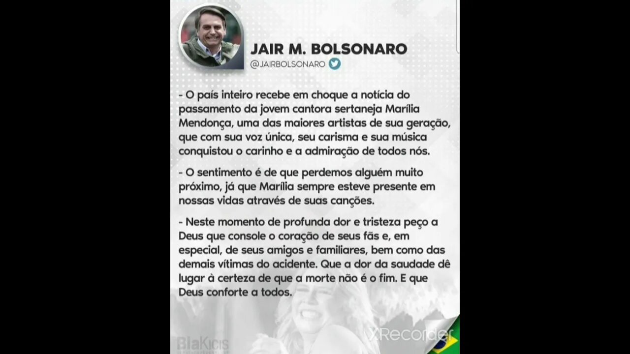 Mensagem de Bolsonaro sobre a Morte de Marília Mendonça
