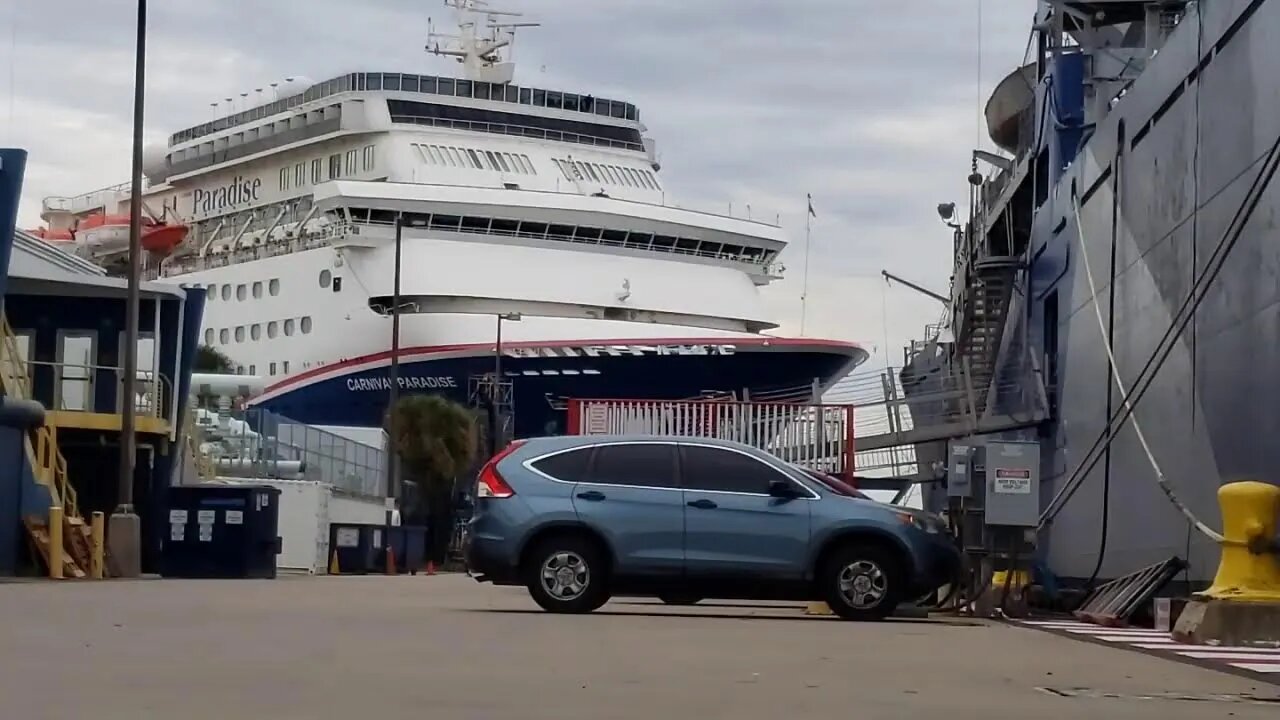 Carnival Paradise FUN SHIP heads to DRY DOCK Next from Tampa - See her get loaded by cranes!