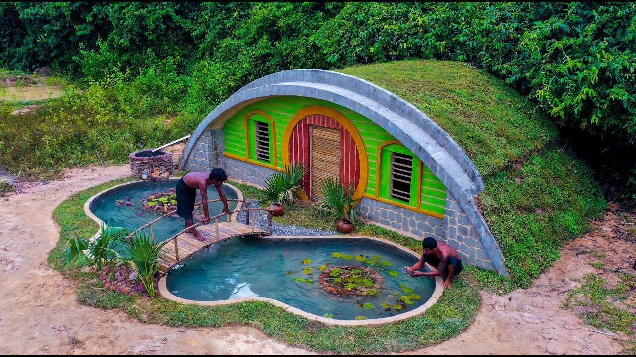 Primitive Tool - Building a Fish Pond in Front of Underground Hobbit House