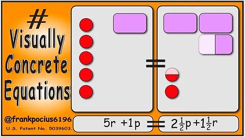 VISUAL EQUATION _ 5r +1p = 2 1/2 p +1 1/2 r _ SOLVING BASIC EQUATIONS _ SOLVING BASIC WORD PROBLEMS