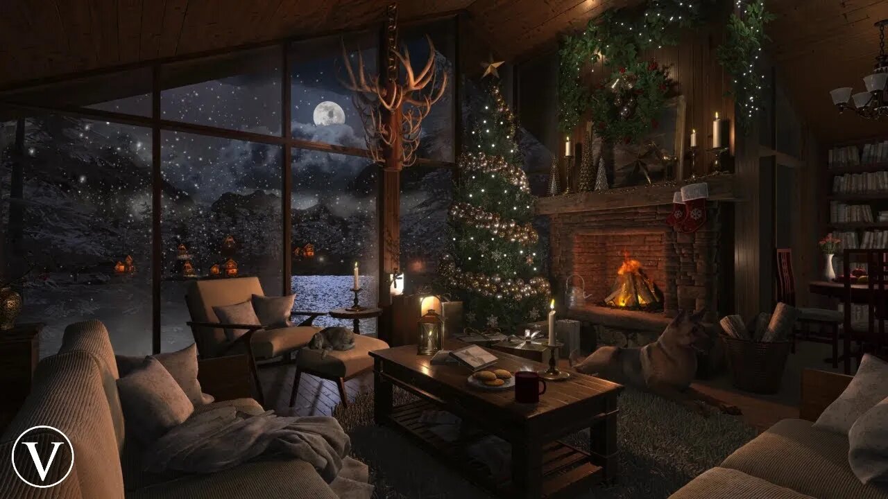 Cozy Christmas Cabin | Winter Night Ambience | Log Fireplace, Snowstorm & Blizzard Sounds