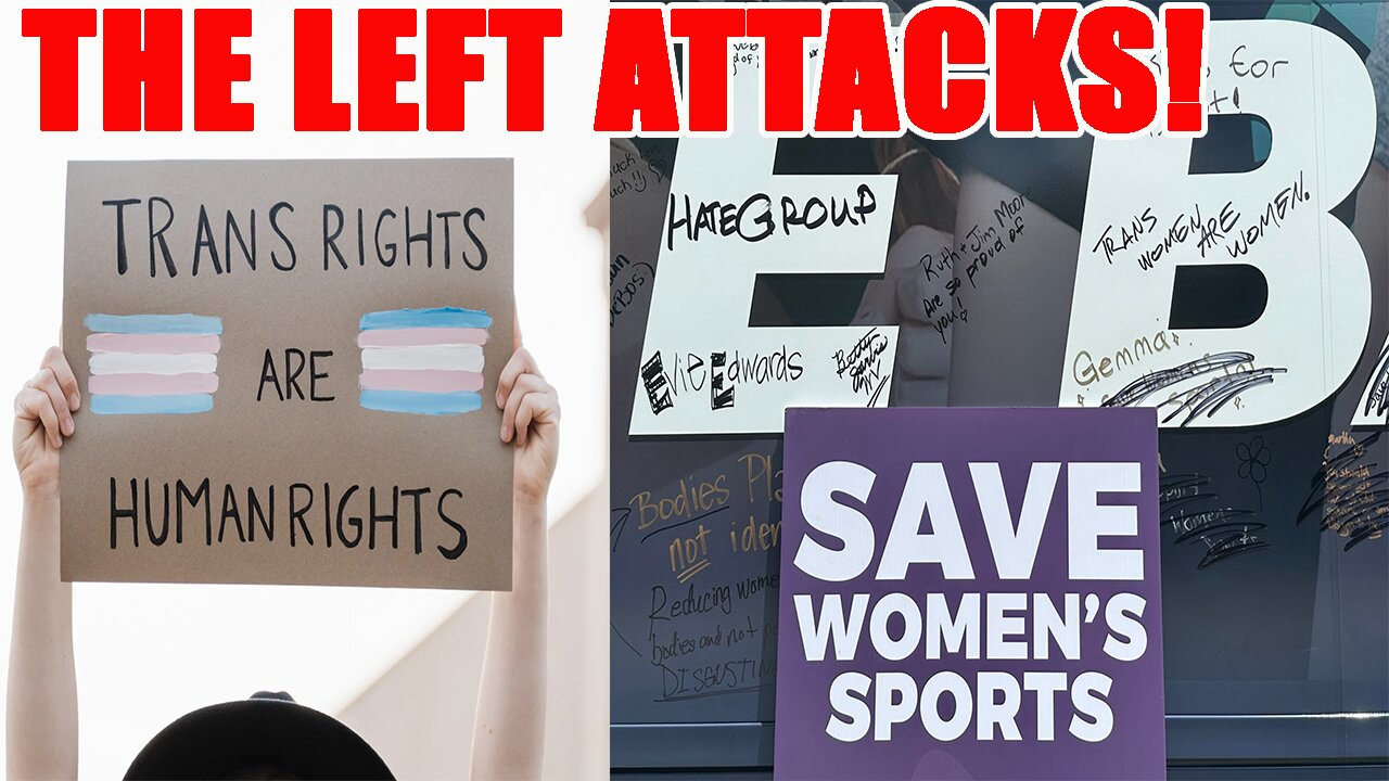 Trans activist LUNATICS ATTACK Save Women's Sports Tour Bus! VANDELIZE bus with DISGUSTING slogans!