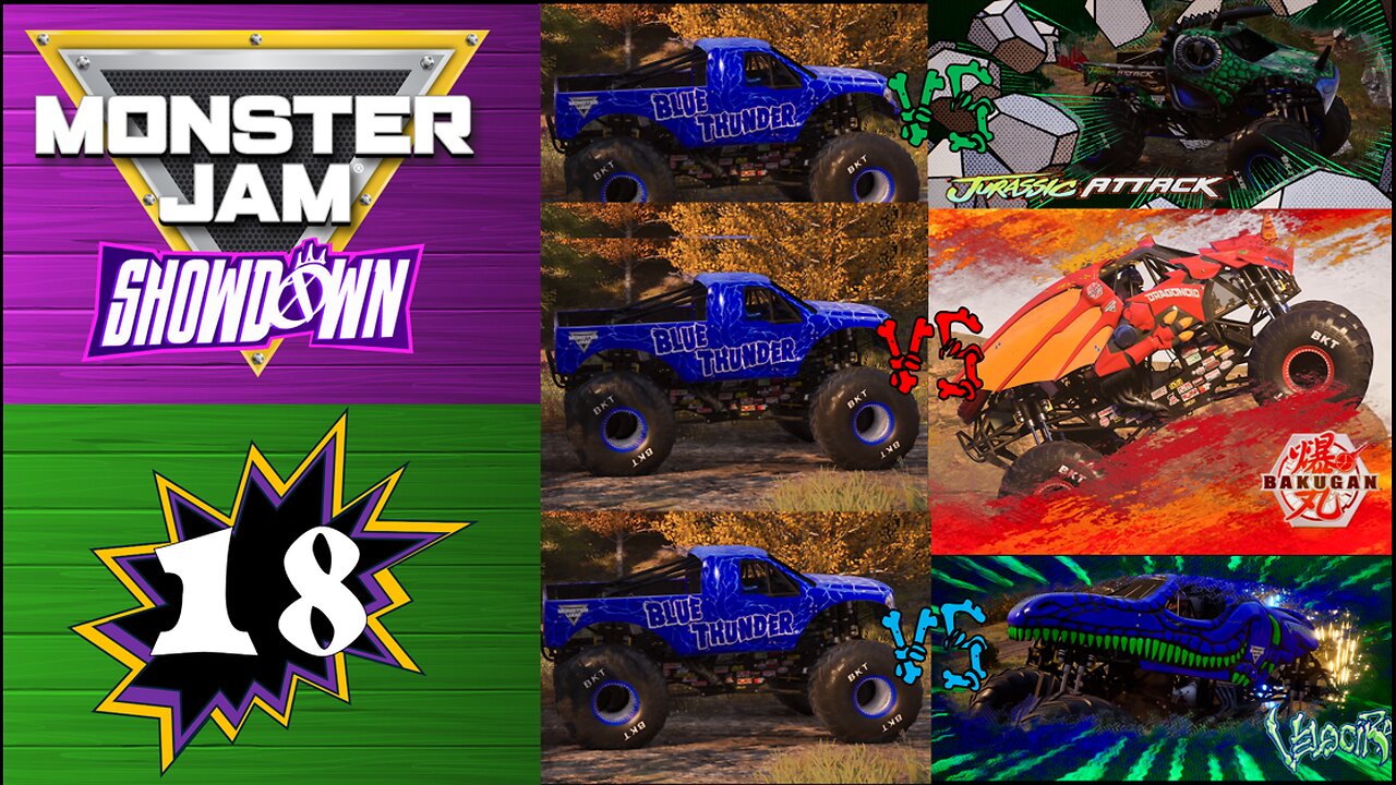 Monster Jam Showdown Ep 18 Blue Thunder Crashes 3 Fossilistic Races for the Ages