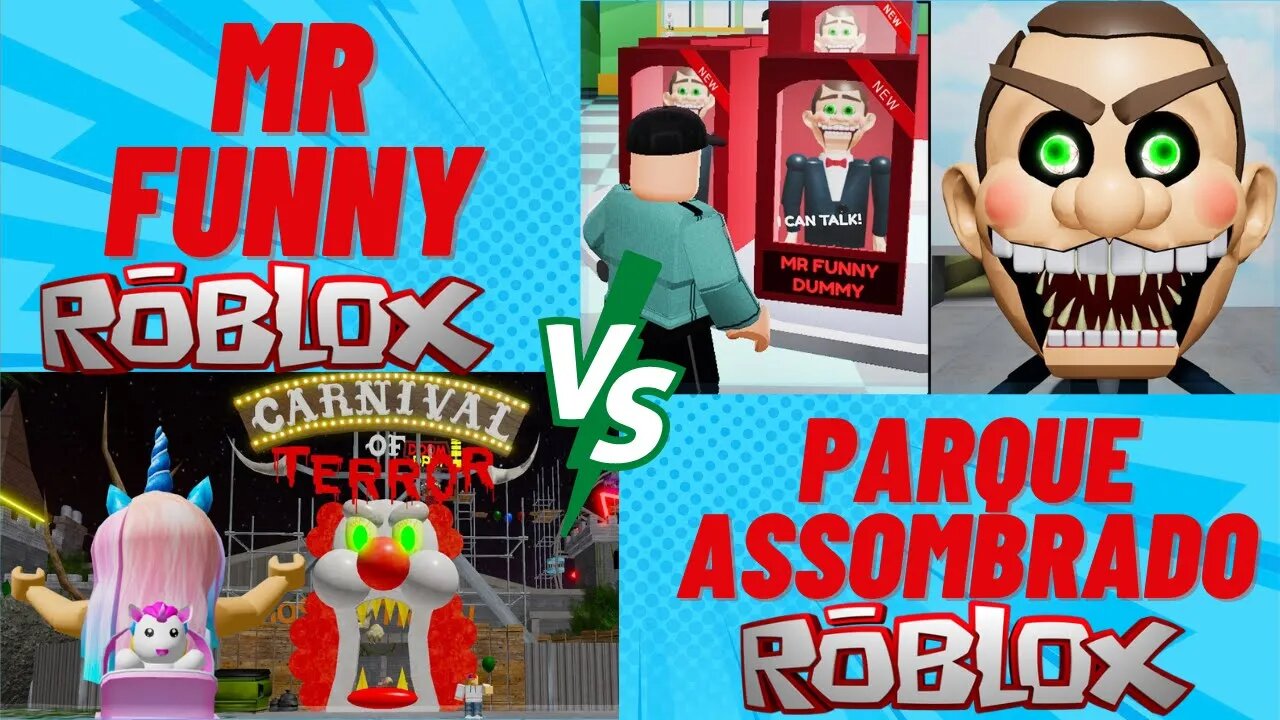 Roblox escapamos do boneco do Mal mr Funny e Do Parke Mal Assombrado no Roblox