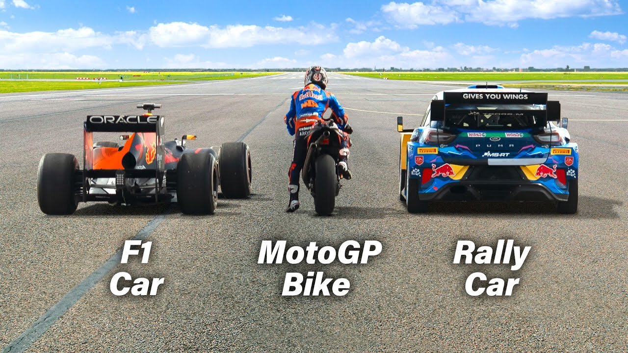 F1 Car vs MotoGP Bike vs Rally Car- Ultimate Drag Race!