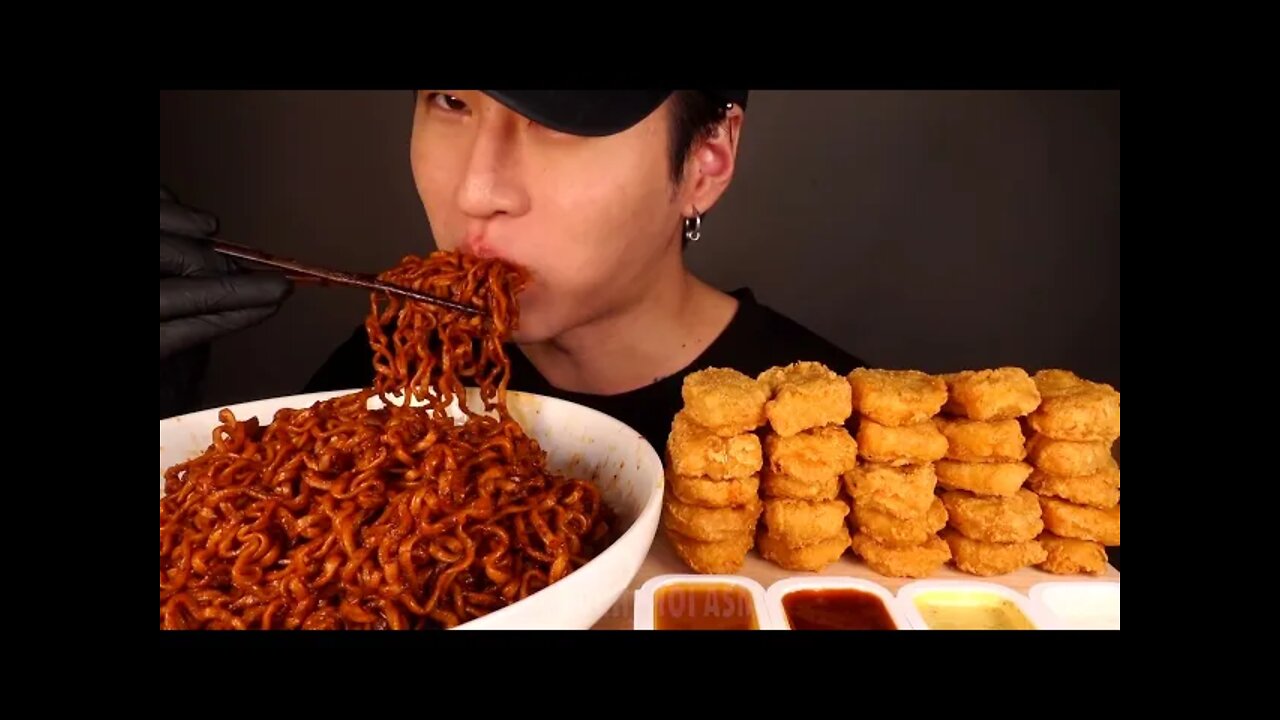 ASMR MUKBANG BLACK BEAN FIRE NOODLES & CHICKEN NUGGETS No Talking EATING SOUNDS