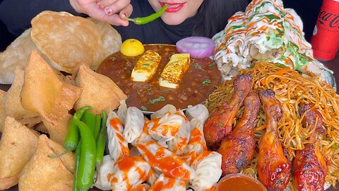 ASMR EATING CHOLE BATURE,SAMOSA,GREEN CHILLI,MALAI CHAAP ROLL,CHOWMEIN,CHICKEN DRUMSTICK,