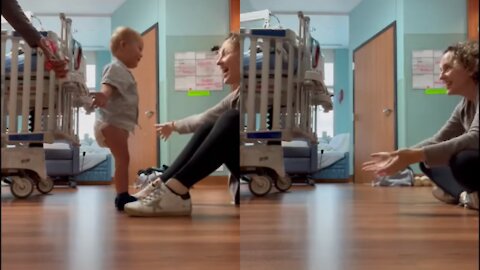 Toddler with down syndrome walks to mom after open heart surgery