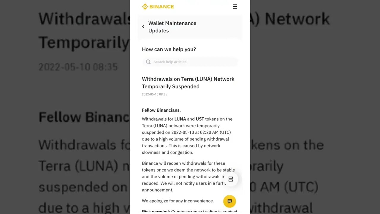 Binance Suspends Withdrawal of Terra (LUNA) and UST Stablecoins #cryptomash #ytshorts #cryptonews