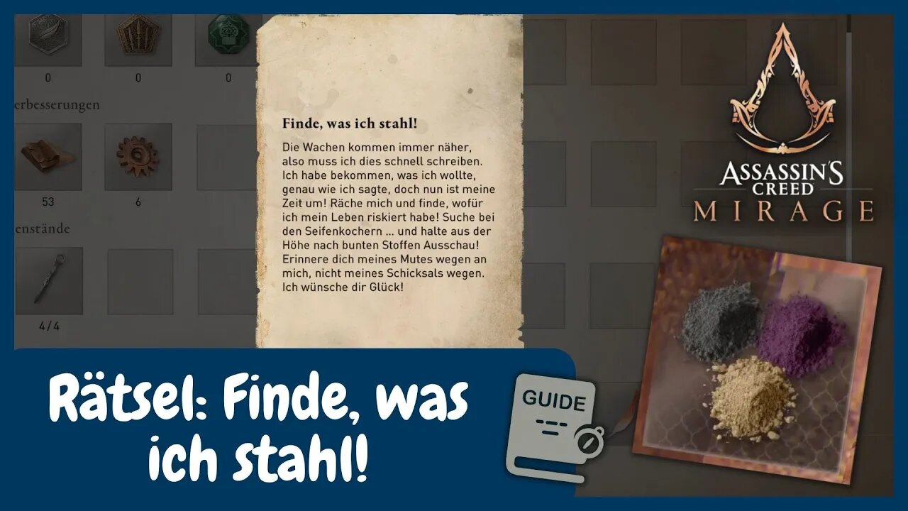 Rätsel: Finde, was ich stahl! für Monturenfarbe | AC Mirage Guide