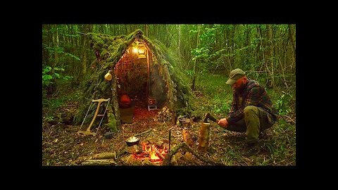 Building a wilderness survival shelter - camping food made from natural herbs