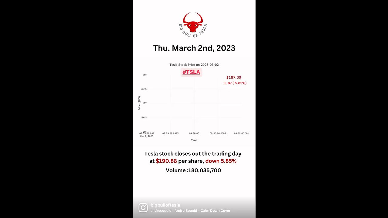 Tesla stock closes out the trading day at $190.88 per share, down 5.85% Thu. March 2nd, 2023