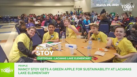 Nancy Stoy gets a Green Apple for sustainability at Lacamas Lake Elementary